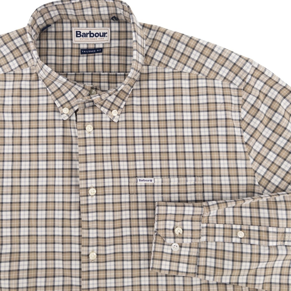 Barbour Mens Large Lomond Button Down Shirt Tan Check Tailored Fit MSH5023TN88